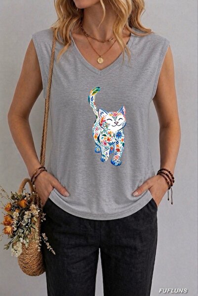 FUFLUNS ΓΥΝΑΙΚΕΙΟ ΑΜΑΝΙΚΟ ΜΠΛΟΥΖΑΚΙ OVERSIZE ΜΕ ΣΤΑΜΠΑ ΧΑΡΙΤΩΜΕΝΗ ΓΑΤΑ ΚΑΙ ΛΟ...