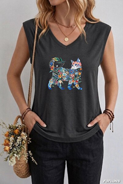 FUFLUNS ΓΥΝΑΙΚΕΙΟ OVERSIZE ΑΜΑΝΙΚΟ T-SHIRT ΜΕ ΣΤΑΜΠΑ ΓΑΤΑ ΑΠΟ ΛΟΥΛΟΥΔΙΑ