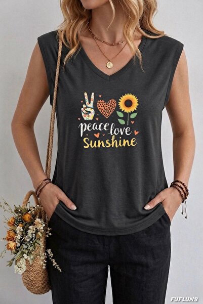 FUFLUNS ΓΥΝΑΙΚΕΙΟ ΑΜΑΝΙΚΟ ΜΠΛΟΥΖΑΚΙ ΥΠΕΡΜΕΓΕΘΕΣ ΜΕ ΣΤΑΜΠΑ "PEACE LOVE SUNSHINE"