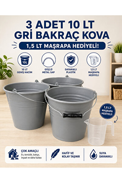 ZİVORA 3 Adet 10 LT Antrasit-Gri Bakraç Kova Metal Saplı Plastik Kova 1,5 LT ...