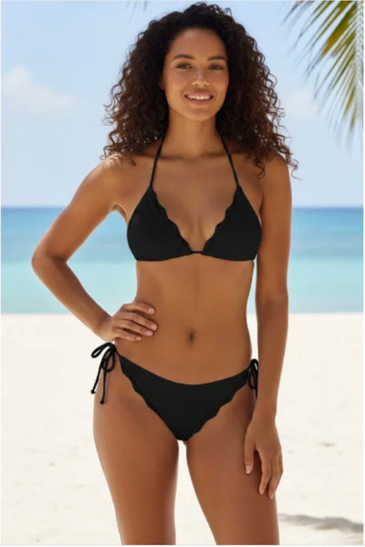 Vielove Kadın Siyah Pedli Bel ve Boyundan Bağlamalı Dantelli Şık Bikini Takımı