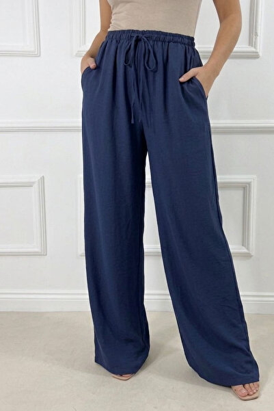 COTTONLAB Παντελόνι με εφέ λινό σε σκούρο μπλε χρώμα, φαρδιά γραμμή και δέσιμ...