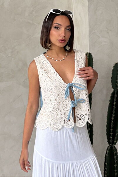 VERYMODA Τζιν γιλέκο με δαντέλα μπροστά και λεπτομέρειες, ακατέργαστο μπλε | ...