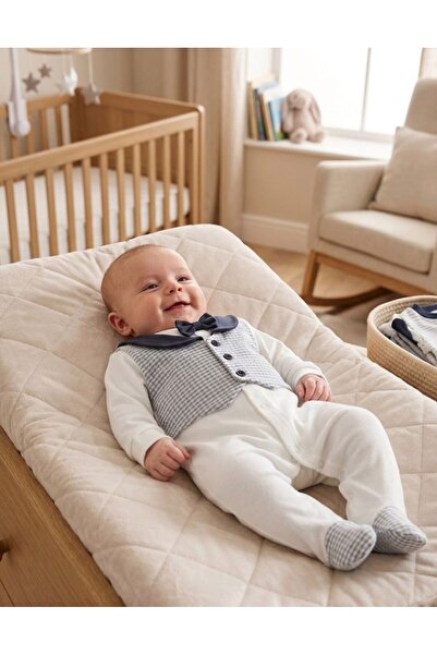 Yelek Görünümlü Papyonlu %100 Pamuklu Erkek Bebek Tulum