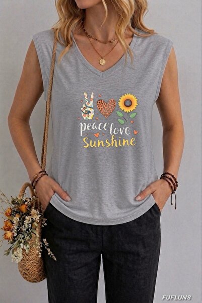 FUFLUNS ΓΥΝΑΙΚΕΙΟ ΑΜΑΝΙΚΟ ΜΠΛΟΥΖΑΚΙ ΥΠΕΡΜΕΓΕΘΕΣ ΜΕ ΣΤΑΜΠΑ "PEACE LOVE SUNSHINE"