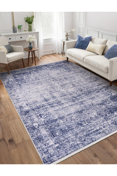 CarpetKA Home Mavi Vintage Desenli Yıkanabilir Halı