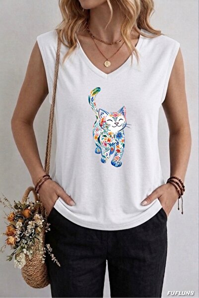 FUFLUNS ΓΥΝΑΙΚΕΙΟ OVERSIZE ΑΜΑΝΙΚΟ T-SHIRT ΜΕ ΣΤΑΜΠΑ ΓΑΤΑ ΑΠΟ ΛΟΥΛΟΥΔΙΑ