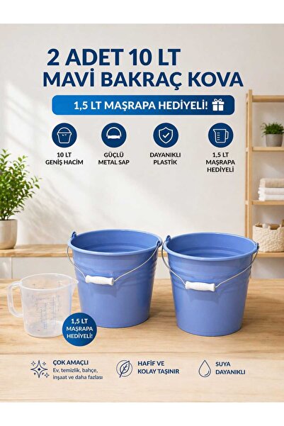 ZİVORA 2 Adet 10 LT Mavi Bakraç Kova Metal Saplı Plastik Kova 1,5 LT Maşrapa ...
