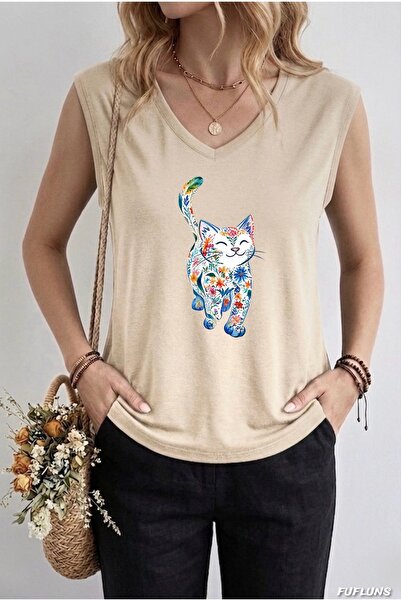 FUFLUNS ΓΥΝΑΙΚΕΙΟ ΑΜΑΝΙΚΟ ΜΠΛΟΥΖΑΚΙ OVERSIZE ΜΕ ΣΤΑΜΠΑ ΧΑΡΙΤΩΜΕΝΗ ΓΑΤΑ ΚΑΙ ΛΟ...