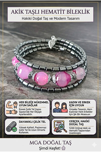 MGA DOĞAL TAŞ Pink Agate Bracelet - Hematite Bracelet - Steel Wire Bracelet
