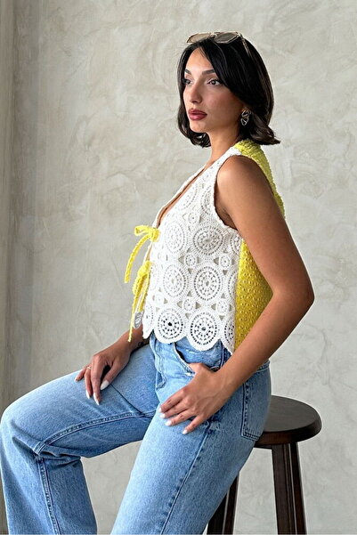 VERYMODA Τζιν γιλέκο με δαντέλα και λεπτομέρειες - Ακατέργαστο κίτρινο |   VM...