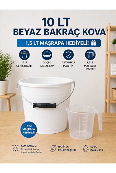 ZİVORA 10 LT Beyaz Bakraç Kova Metal Saplı Plastik Kova 1,5 LT Maşrapa Hediyeli