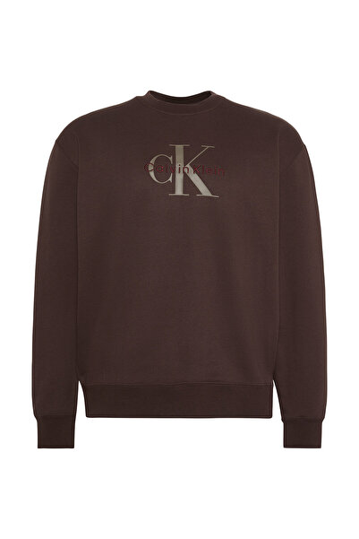Calvin Klein Erkek %100 Pamuklu CK Logolu Yuvarlak Yakalı Uzun Kollu Kahveren...