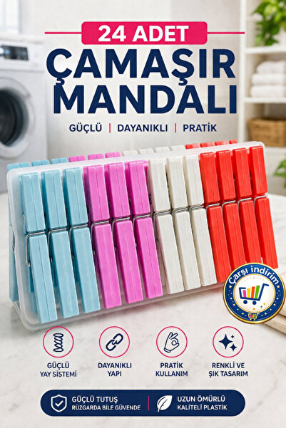 nistabolje 24 Adet Çamaşır Mandalı Klasik Plastik Mandal Güçlü Tutuş