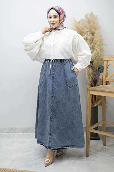 Tesettür Dünyası Ελαστική τζιν φούστα με τσέπες TSD260175 Ανοιχτό μπλε