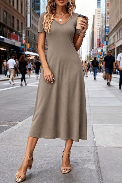 Modayakamoz Νέα σεζόν Γυναικείο κοντομάνικο φόρεμα με λαιμόκοψη V και τσέπες,...