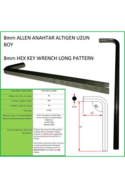 İzeltaş 8mm ALLEN ANAHTAR ALTIGEN UZUN BOY, HEX KEY WRENCH LONG PATTERN