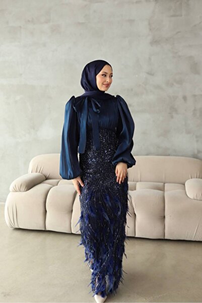 asyadabutik Γυναικείο βραδινό φόρεμα με λεπτομέρεια από σιφόν και φτερά, με φ...