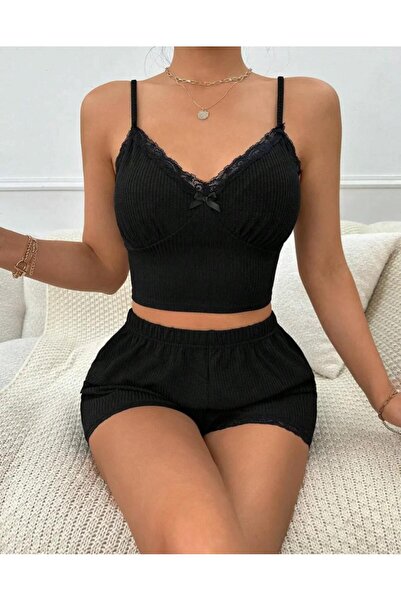 SİSİ Black Bow Detailed Shorts Pajama Set 2 Pieces