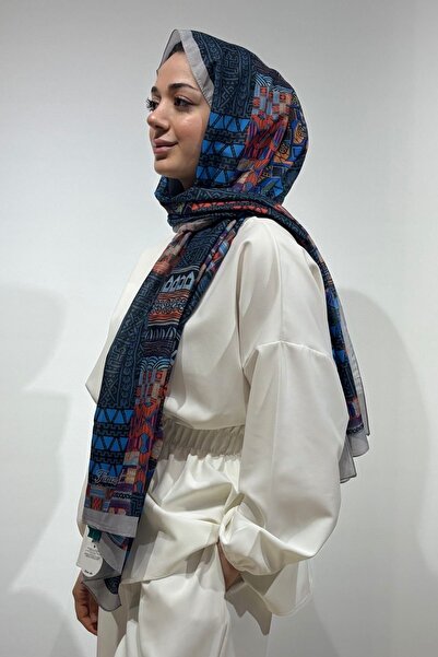 Firuze scarf Mosaic Pattern Navy Blue Soft Shawl