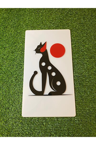 ÇAKRA Siyah Pleksi Kedi Tablo – Modern Minimalist Duvar Dekoru | Kırmızı Deta...