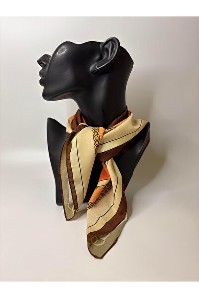 BHR AKSESUAR Πορτοκαλί-καφέ μονόπλευρο τετράγωνο κρεπ φουλάρι με σχέδιο αλυσί...