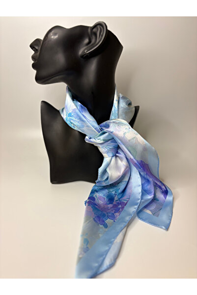 BHR AKSESUAR Μπλε τετράγωνο φουλάρι διπλής όψης με σχέδιο λουλουδιών (70x70 εκ.)