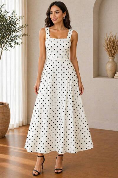 Varyete Дамска миди рокля на точки с презрамки, квадратно деколте и разкроена...