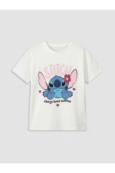 LC Waikiki LCW Kids Bisiklet Yaka Lilo & Stitch Baskılı Kız Çocuk Tişört