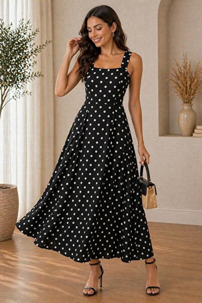 Varyete Γυναικείο φόρεμα με τετράγωνο λαιμόκοψη και λουράκια, με πουά, μήκους...