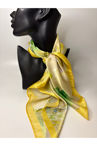 BHR AKSESUAR Κίτρινο τετράγωνο φουλάρι διπλής όψης με σχέδιο λουλουδιών (70x7...