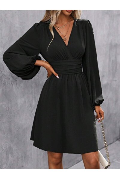 Wear Up Γυναικείο μακρυμάνικο φόρεμα διπλό πέτο με λαιμόκοψη και κορσάζ στη μέση