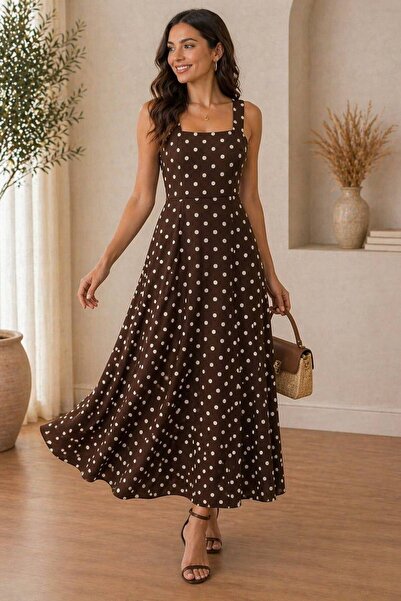 Varyete Γυναικείο φόρεμα με τετράγωνο λαιμόκοψη και λουράκια, με πουά, μήκους...