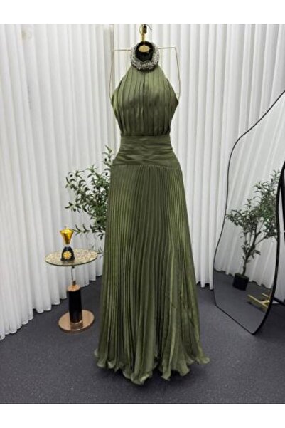 liyan fashion Olive Green Evening Dress with Pleats