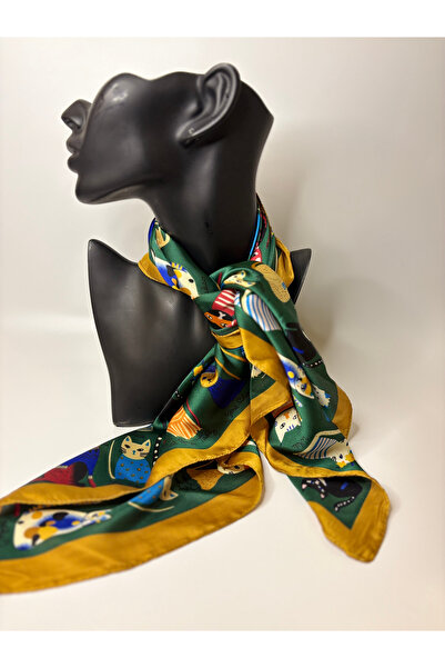 BHR AKSESUAR Τετράγωνο φουλάρι διπλής όψης με σχέδιο πράσινης γάτας (70x70 εκ.)