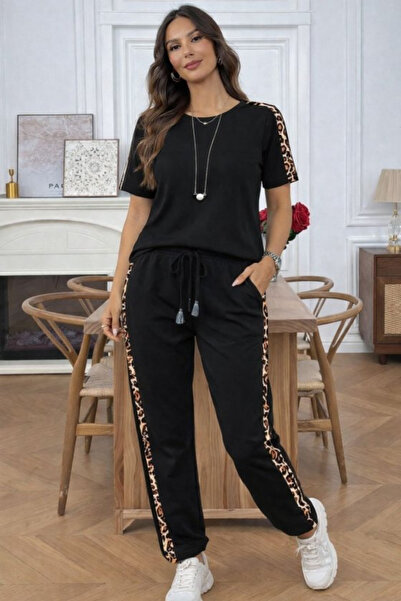 Modayakamoz Νέα σεζόν Γυναικεία κοντομάνικη μπλούζα και παντελόνι με λεοπάρ β...