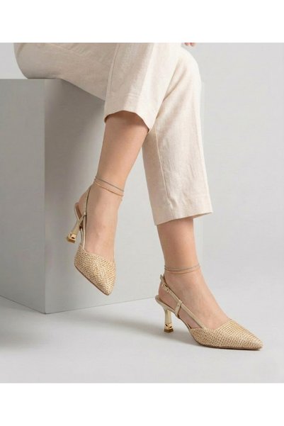 DUDYEN SHOES Beige Diadora Straw Open Back Stiletto Women's Heeled Shoes 7cm