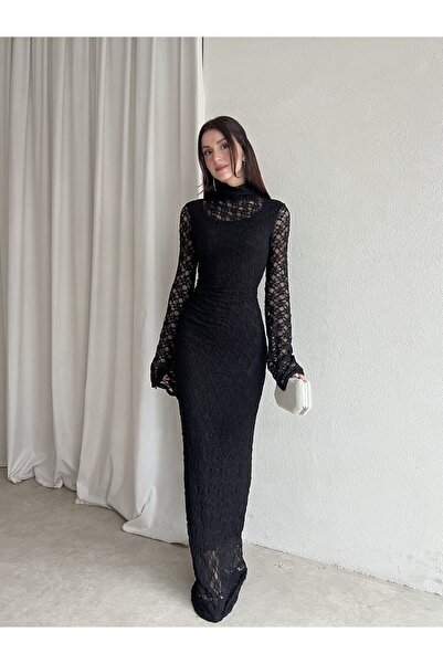 Klex Dantel Uzun Kol Balık Kesim Abiye Elbise 6074