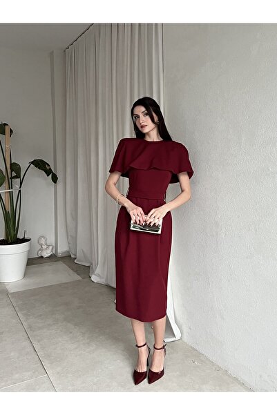 Klex Pelerin Detaylı Midi Abiye Elbise 6077