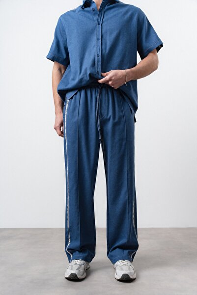 Respire Men's Stripe Detailed Denim Baggy Trousers Navy Blue