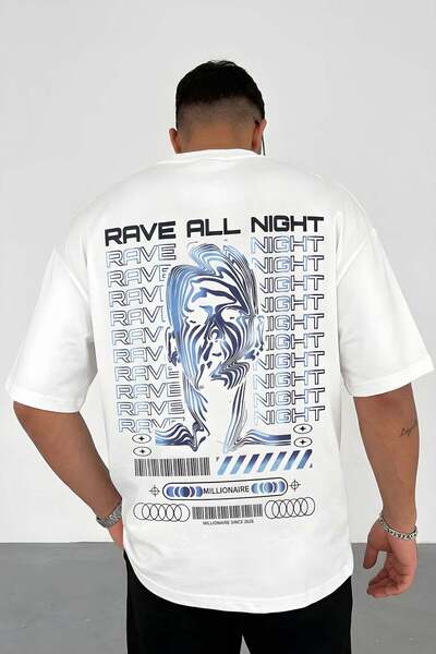 VACHT Men's Oversize Casual T-Shirt Rave All Night Ecru White