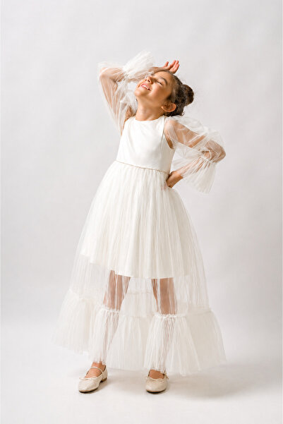 Canwin Girl's Long Tulle Princess Evening Dress Ecru