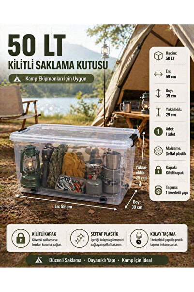 ZİVORA 50 LT Tekerlekli Kilitli Ev Mutfak ve Kamp Saklama Kutusu Şeffaf Plast...