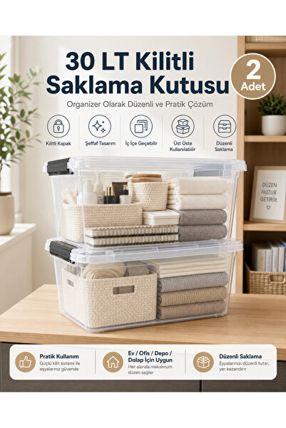 ZİVORA 2 Adet 30 LT Kilitli Saklama Kutusu Şeffaf Plastik Kapaklı Organizer D...