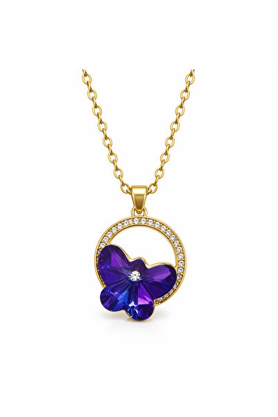 Yuchicly Purple Stone Butterfly Pendant Gold Color Chain Necklace