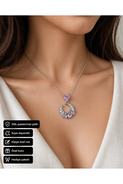 HER ŞEY NOTA www.herseynota.com Pink Stone Moon Star Heart Necklace 316L Stai...