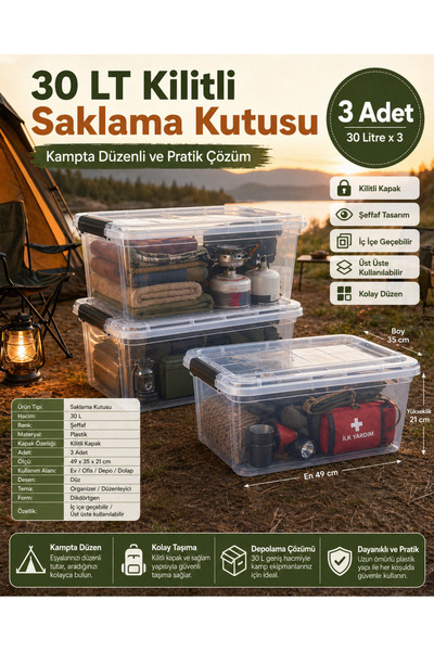 ZİVORA 3 Adet 30 LT Kilitli Saklama Kutusu Şeffaf Plastik Kapaklı Organizer D...
