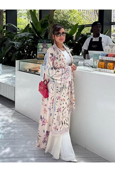 Classy She Fashionable Floral Print Front-opening Abaya Two-piece Set Includi...