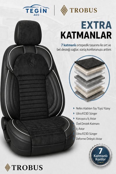 TROBUS Toyota Corolla Sedan 2002 ve Sonrası Araca Uyumlu Premium Tay Tüyü Koltuk Kılıfı Liona Serisi Siyah Beyaz