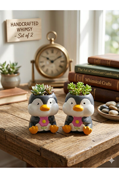 bitkidünyam Penguen Figürlü 2'li Mini Sukulent Saksı Seti - El Yapımı Dekorat...